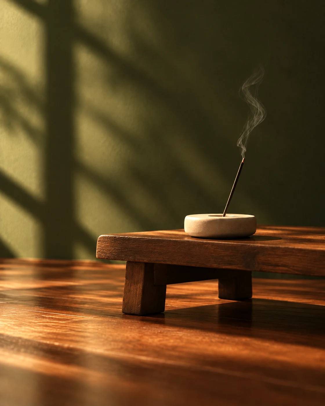 A lit stick in a stone holder on a low wooden bench, window shadows on an olive wall