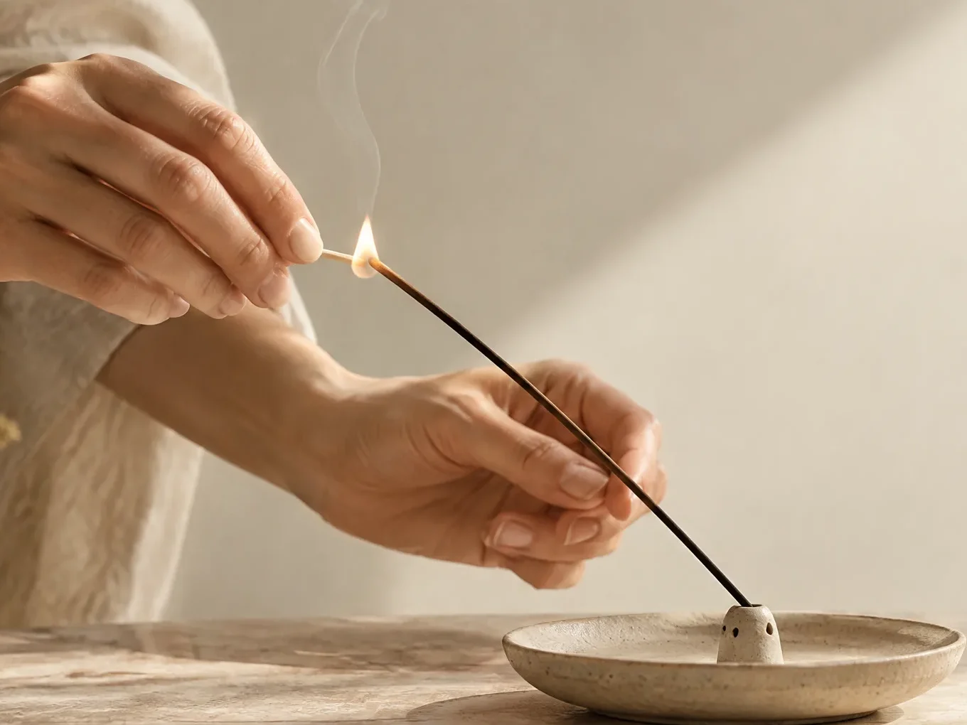 Hands lighting an incense stick with a match above a stoneware dish